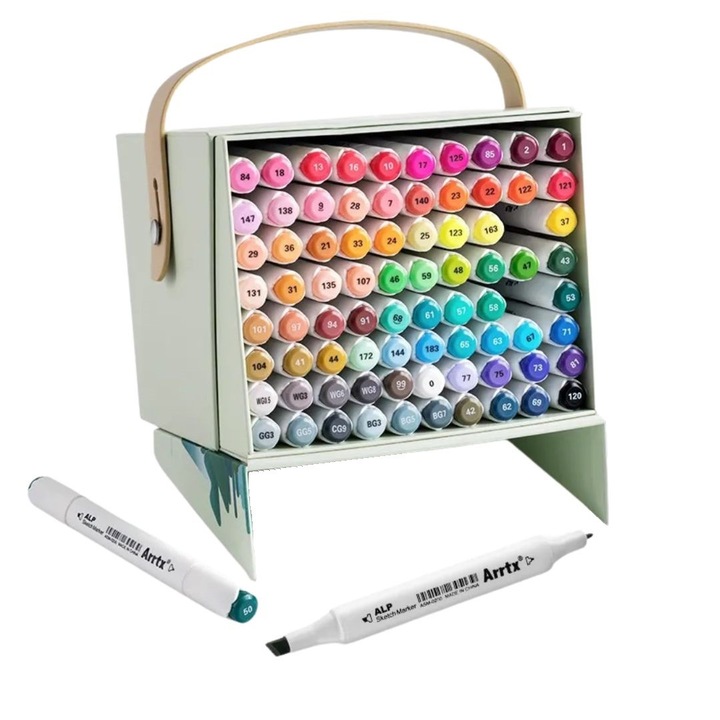 Set 80 markere permanente pe baza de alcool cu ​​varf dublu pentru schite, desene, picturi, Artxx