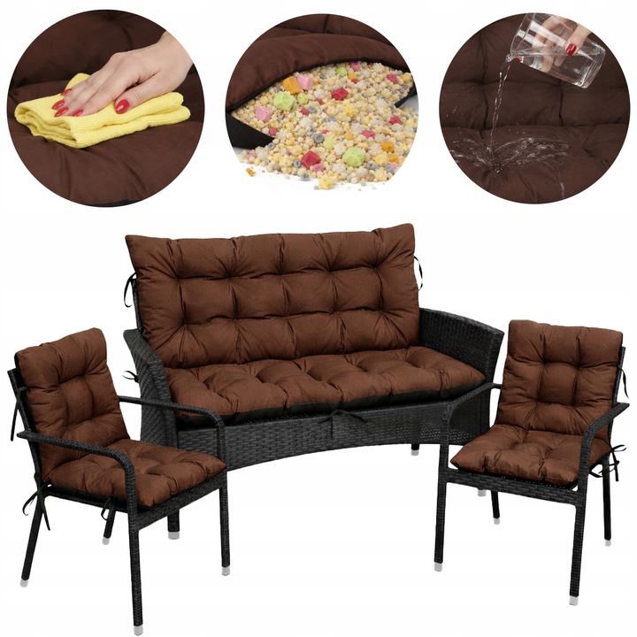 Set Perne scaun terasa, gradina, 3 piese, 180x60x50 + 2x 48x48x48 cm, exterior, impermeabila, pentru banca, fotoliu, Maro, Superkissen24