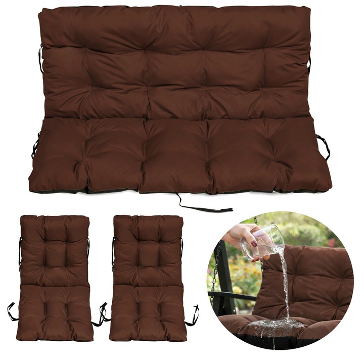 Set Perne scaun terasa, gradina, 3 piese, 140x60x50 + 2x 48x48x48 cm, exterior, impermeabila, pentru banca, fotoliu, Maro, Superkissen24