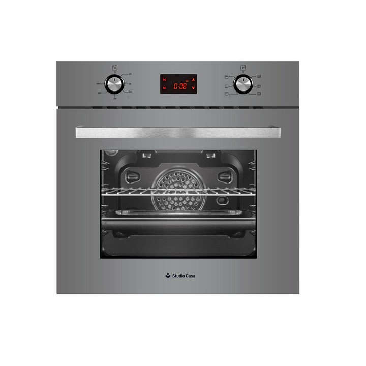 Cuptor electric incorporabil Studio Casa FE660 Parma Glass Grey, 6 functii, Ventilator, Display Touch control, Timer digital, Sticla gri