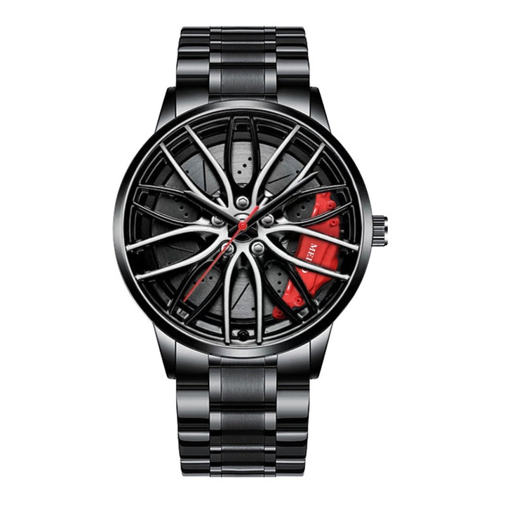 Ръчен часовник с колело, модел във формата на джанта с автомобилен шублер, кварцов механизъм, неръждаема стомана, Tessero, черен