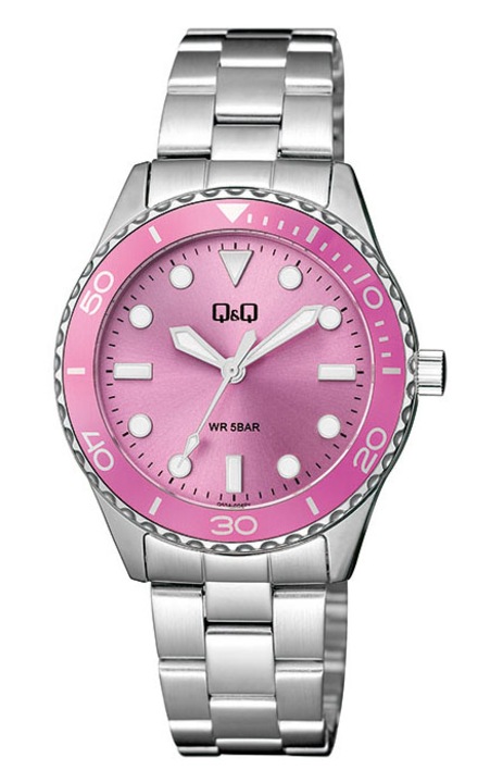 Q&Q női karóra, quartz, ezüst színű fémtok, ezüst színű nemesacél karcsat, rózsaszínű számlap, Q55A-004PY