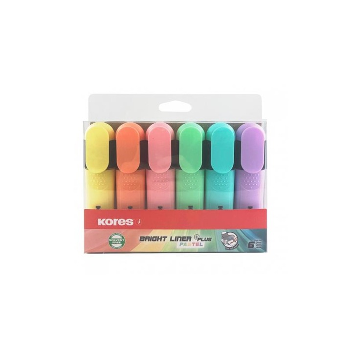 Szövegkiemelő készlet, 0,5-5 mm, KORES Bright Liner Plus Pastel, 6 különböző szín