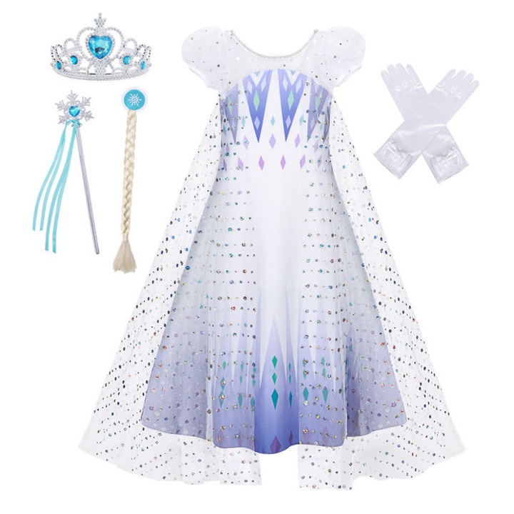 Set Carnaval rochie Elsa, Cu coroana si alte 3 accesorii, Frozen, AmzBarley®, Craciun, Halloween, Disney, Poliester, Alb, 9 Ani, 140 cm