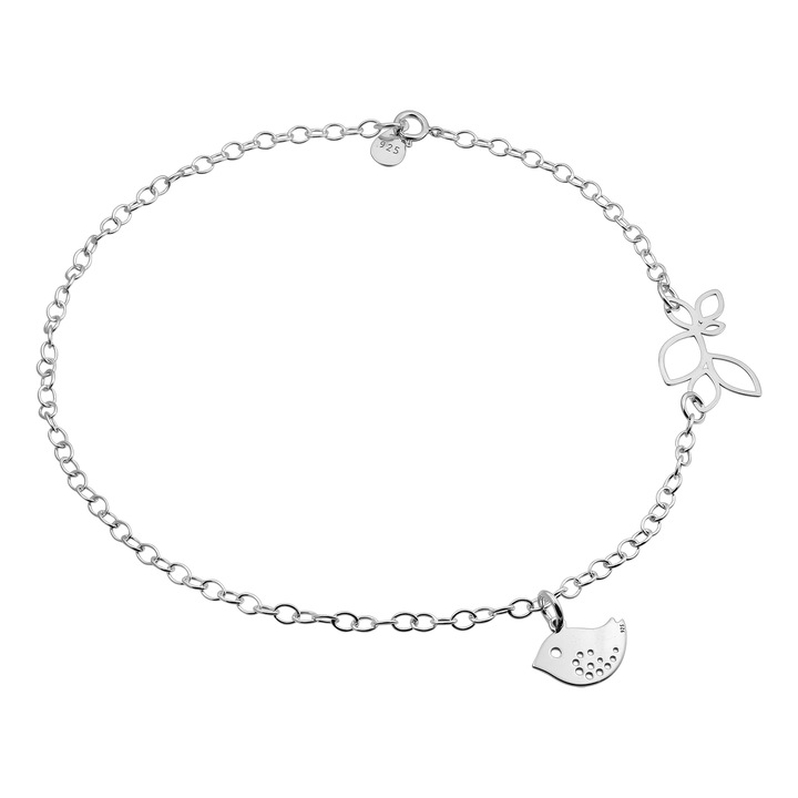 Bratara de picior din argint, vrabiuta si crengute