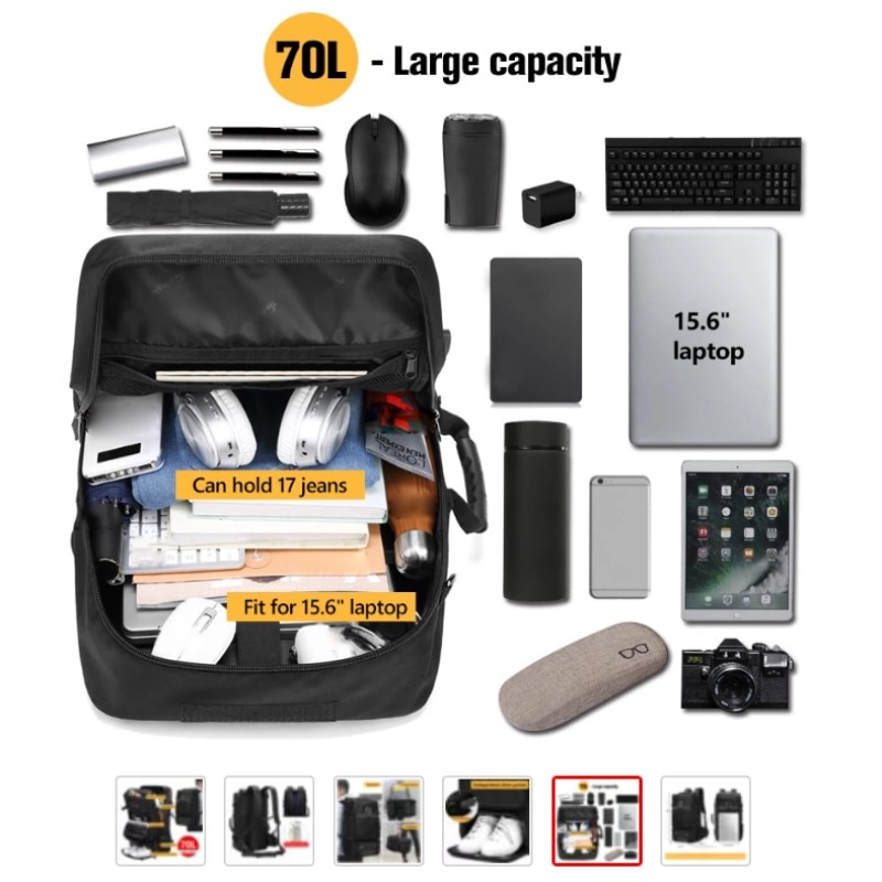Rucsac laptop 15.6", impermeabil, expandabil, pentru excursii sau sport, cu spatiu pentru incaltaminte, Escalate, 31x18x58 cm, Negru
