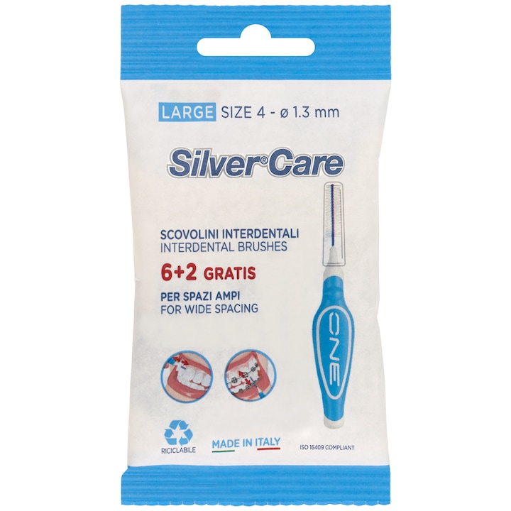 Silver Care Large Size 8 db-os interdentális fogkefe készlet, 4-1.3 mm, védőkupak, kék színű