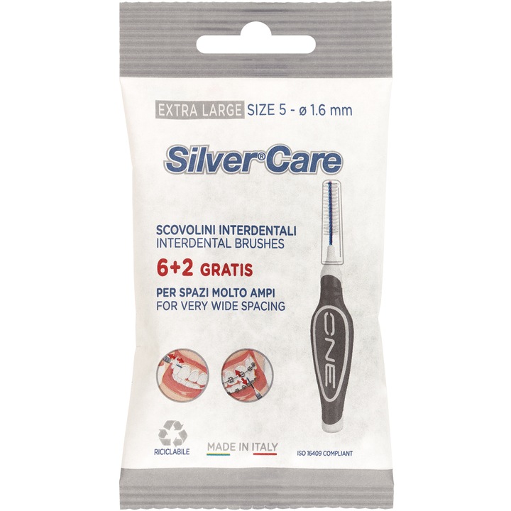 Комплект от 8 интердентални четки Silver Care Extra Large Size 5-1.6 мм, Защитно покритие, Сив