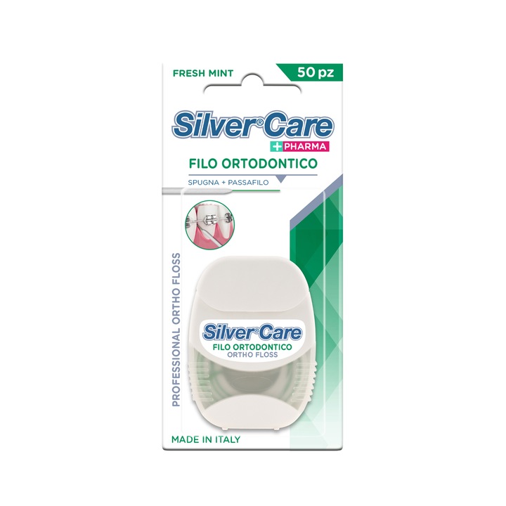 Ортодонтски конец Silver Care при зъбен имплант или мостове, 50 броя, Ментов вкус