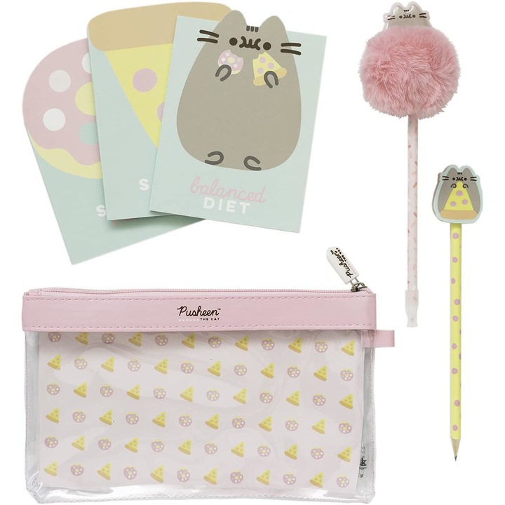 Set de scris Pusheen Foodie Collection, pix cu puf, creion, 3 carnetele, geanta de transport transparenta cu fermoar