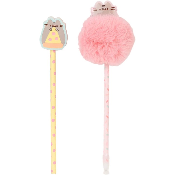 Set de scris Pusheen Foodie Collection, pix cu puf, creion, 3 carnetele, geanta de transport transparenta cu fermoar