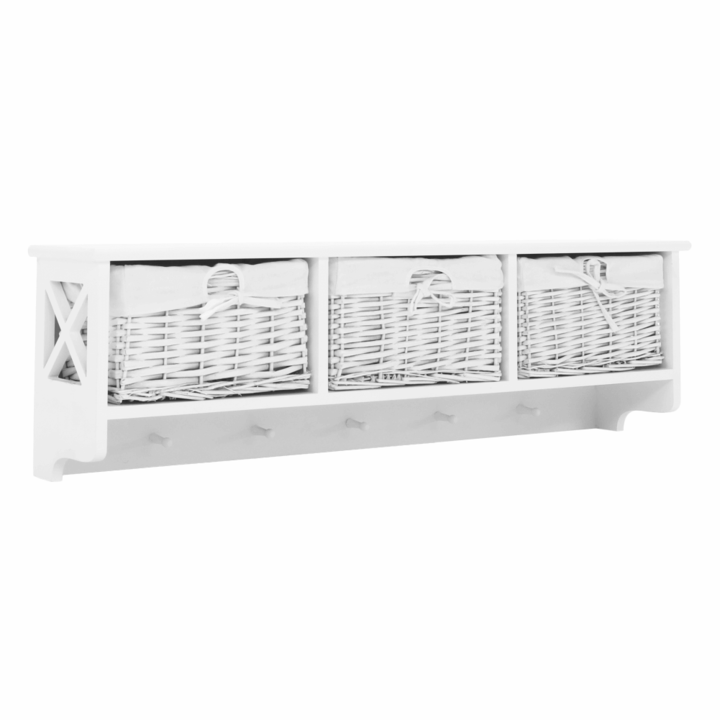 Окачен дървен рафт 3 кошници бял Rafaello 100x30x20 см