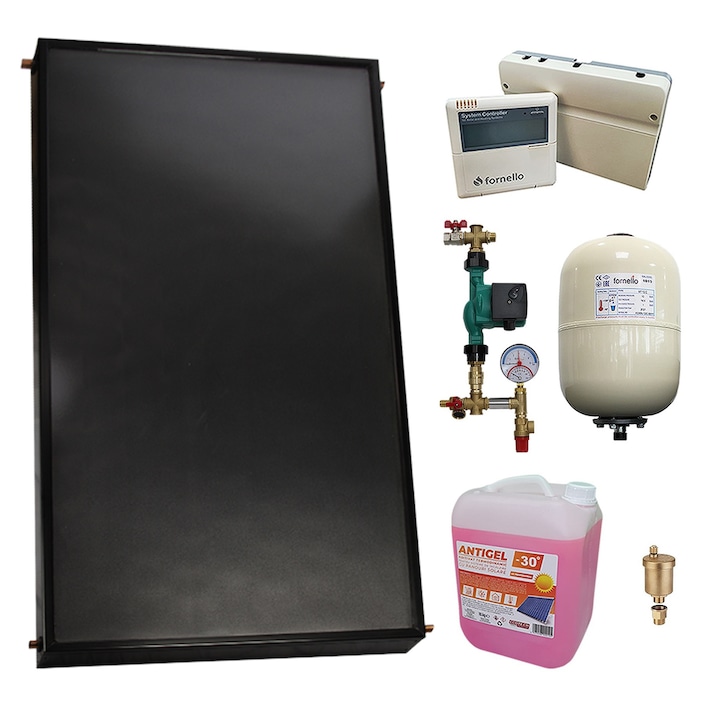 Pachet sistem solar presurizat fara boiler, Panou solar plan Fornello 2.0 m² SPFP, grup pompare, controller, vas expansiune, antigel, aerisitor 1/2