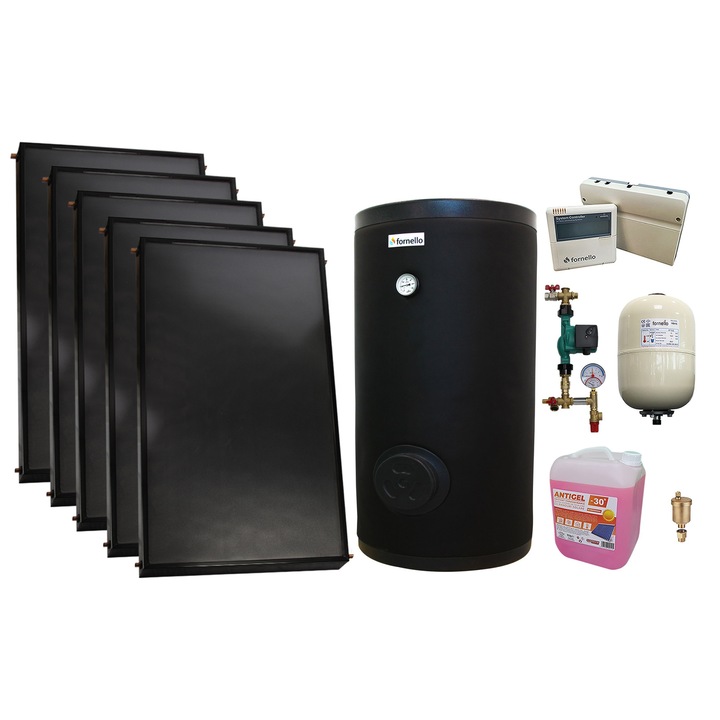 Pachet sistem solar presurizat, 5 x Panou solar plan Fornello 2.0 m² SPFP, Boiler cu 2 serpentine FORNELLO SOL 500 LT 2S, grup pompare, controller, vas expansiune, antigel, aerisitor 1/2