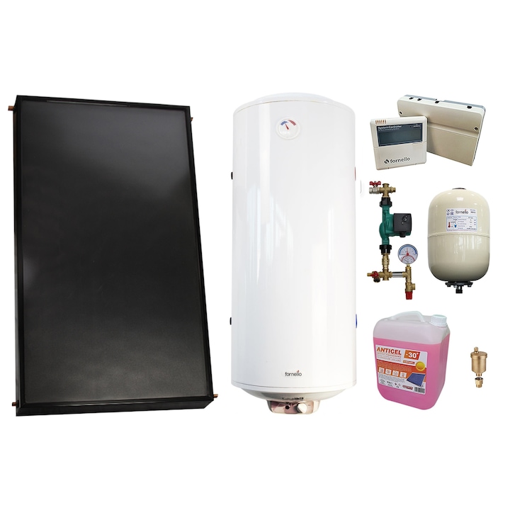 Pachet economic sistem solar presurizat, Panou solar plan Fornello 2.0 m² SPFP, Boiler termoelectric tanc in tanc Fornello Titanium Plus 100 litri, grup pompare, controller, vas expansiune, antigel, aerisitor 1/2