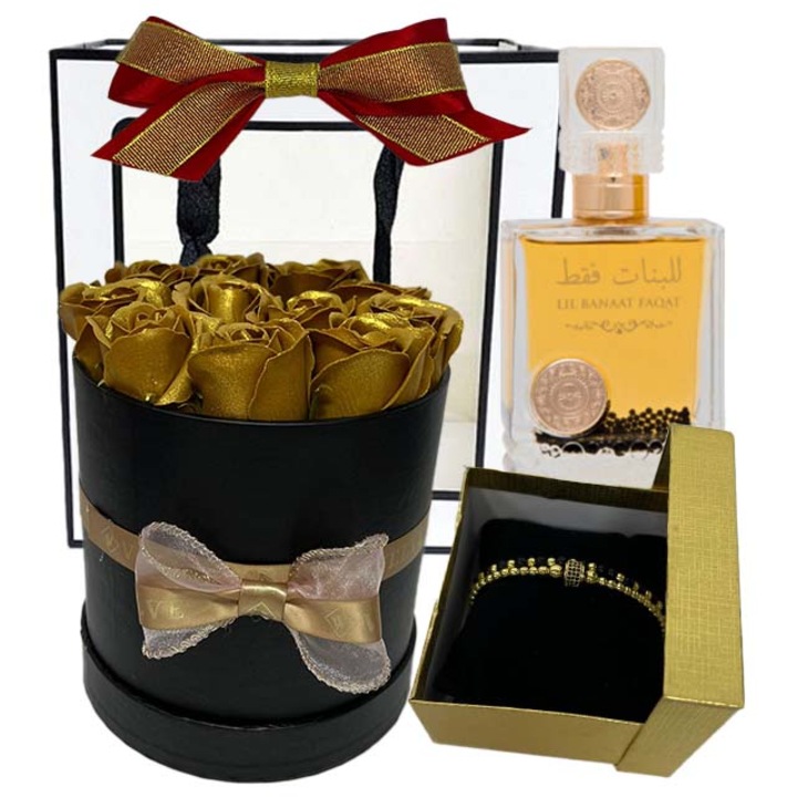 Pachet goldishold pentru femei, Parfum Ard al Zaafaran, Lil Banaat Faqat 100ml, aranjament floral si bratara