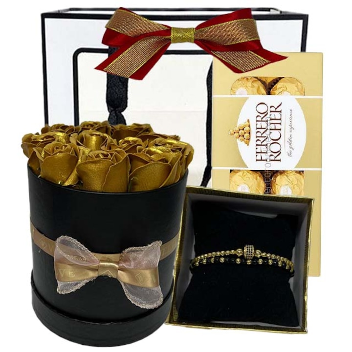Pachet goldishold pentru femei, aranjament floral si bratara si praline Ferrero