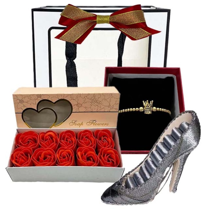 Pachet Reddishold pentru femei, suport pentru bijuterii, bratara si cutiuta 2hearts cu 10 trandafiri din sapun