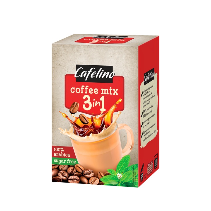 Cafelino instant kávé, 3 az 1-ben, Cukormentes, Steviával és izomalttal, Doboz 10 x 15 g