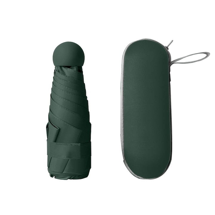 Mini umbrela, protectie solara/ploaie/UV, 230g, dimensiune pliata - 6x17cm, Verde inchis