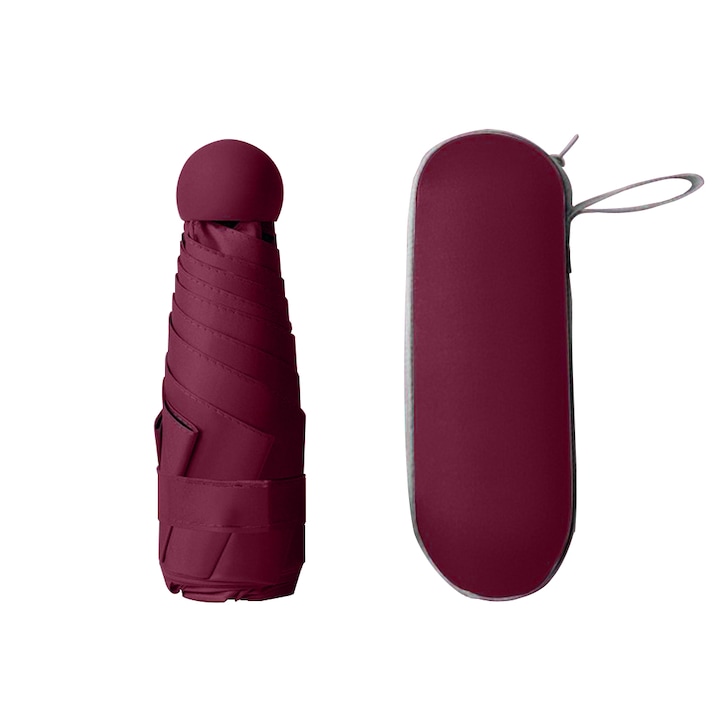 Mini umbrela, protectie solara/ploaie, 230g, dimensiune pliata - 6x17cm, Rosu inchis