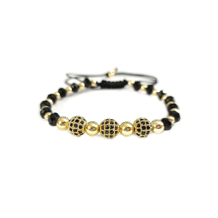 Bratara Luxury, snur negru cerat, reglabila, auriu, model glob cubic zirconia