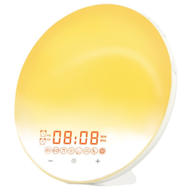 Lampa LED Inteligenta, Radio FM cu Ceas si Alarma, Simulare Rasarit si Apus de Soare, Sunete albe, 7 culori LED, Smart Wake-up light, Port USB