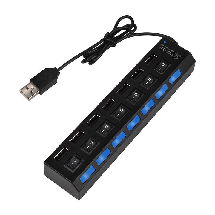 Хъб 7 USB 2.0 порта, със светодиоди и ключове за USB, отделен захранващ порт, черен