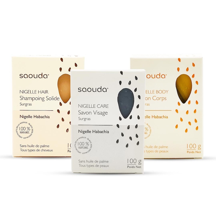Pachet cosmetic, Saouda, 2 sapunuri si 1 sampon, Unt de Shea, Ulei de Masline si Cocos, 100 g