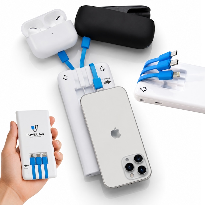 Baterie Externa POWER JAN 5000 mAh, Fast Charge, 3 Mufe Integrate USB-C/Lightning/Micro USB, Power Bank Universal pentru Telefon, Incarcare Rapida, Compacta, Portabila