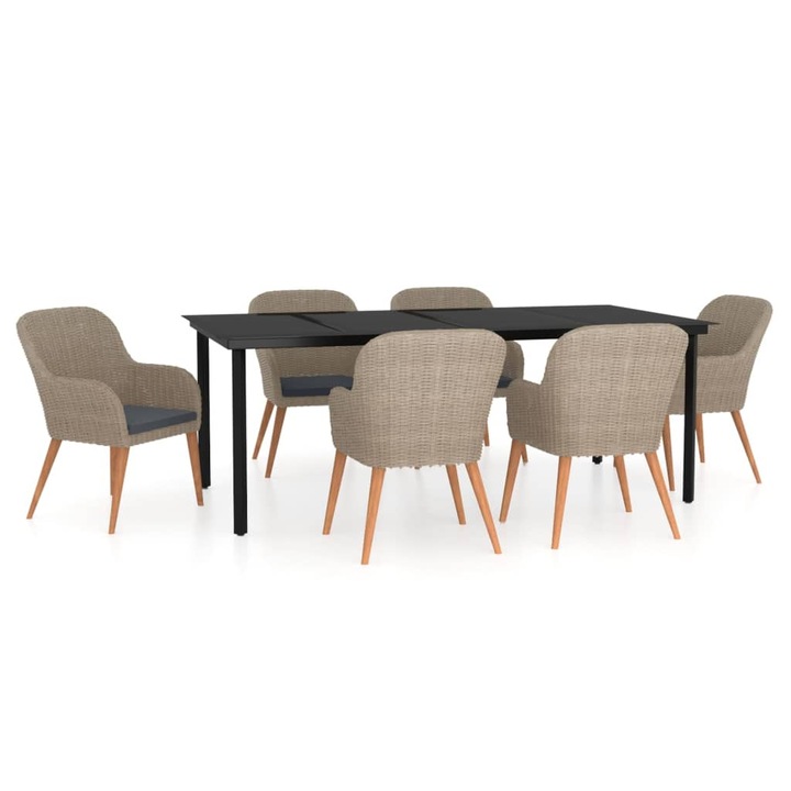 Set de masa pentru gradina vidaXL, 7 piese, cu perne, maro, 48.57 kg 3099515