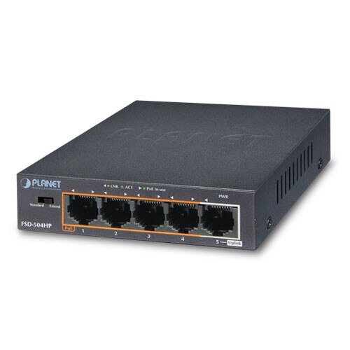Switch PoE PLANET FSD-504HP 4-Port 10/100Mbps 802.3af/at POE + 1-Port 10/100MBPS Desktop (60W POE Budget, External Power Supply)