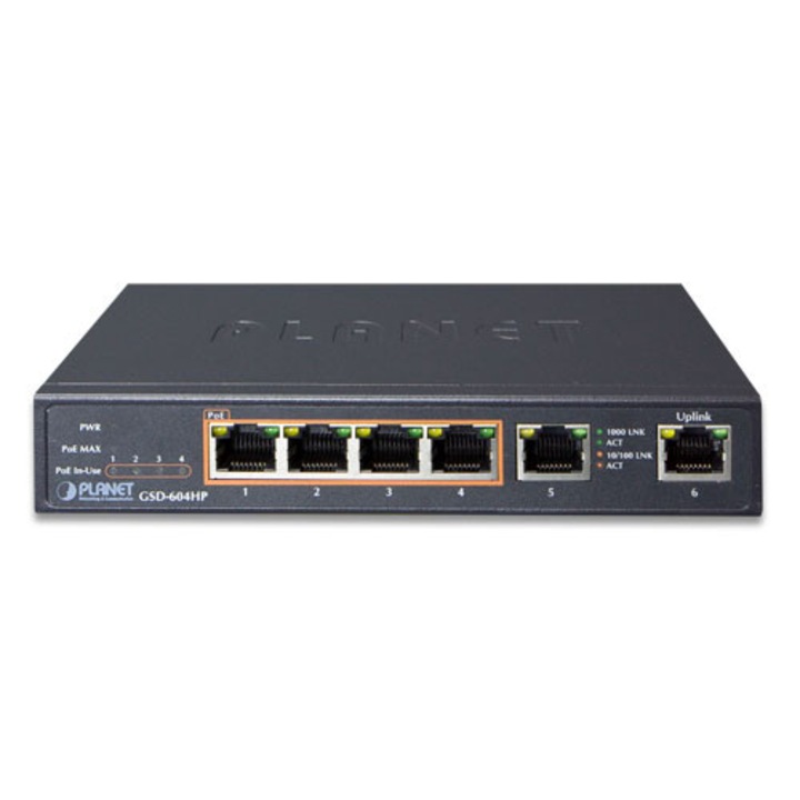 Planet GSD-604HP PoE switch, 4 port, 10/100 / 1000T 802.3at POE + 2 port 10/100 / 1000T Desktop (55 W POE Budget, External Power Supply)