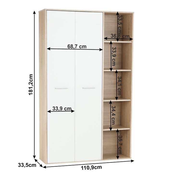 Шкаф 2 врати 5 рафта блед дъб сонома бял Maurus 110,9x181,2x33,5 см