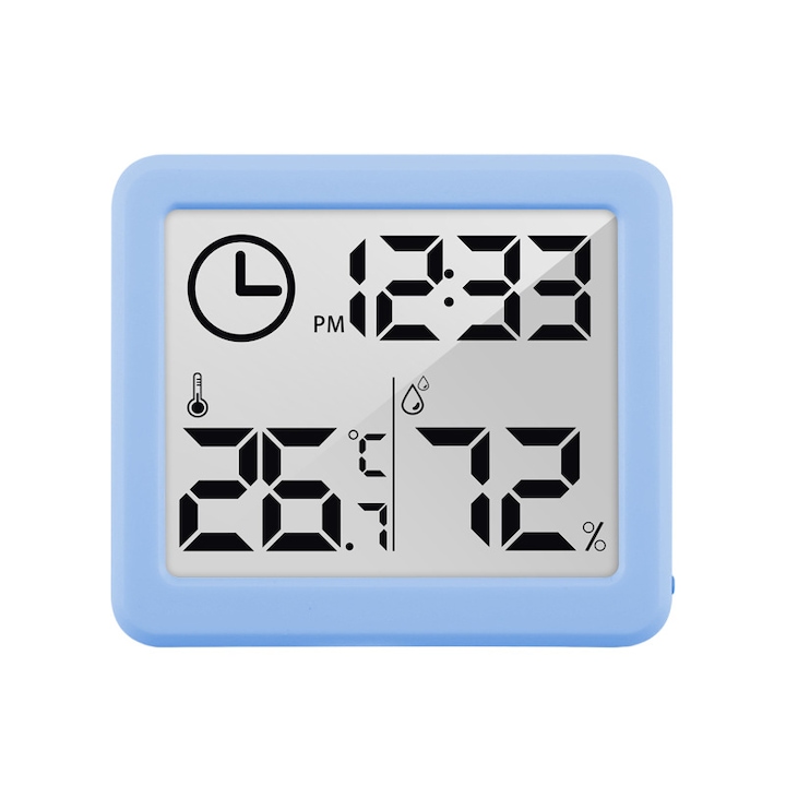 Higrometru si termometru digital de camera SOLLUXE® cu afisare ora, umiditate, temperatura, citire 10s, baterie inclusa, bleu