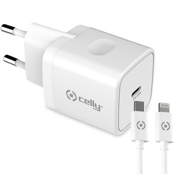 Incarcator retea Celly Qualcomm 3.0 SmartCharge, 1USB-C, cablu C to lightning, alb, 20W standard, pana la 60W prin cablu