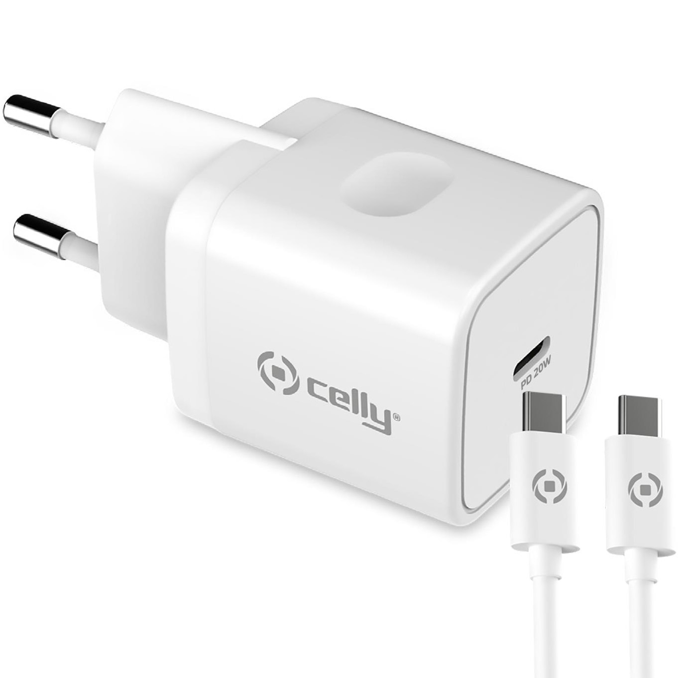 Incarcator retea Celly Qualcomm 3.0 SmartCharge, 1USB-C, cablu CtoC inclus, alb, 20W standard, pana la 60W prin cablu