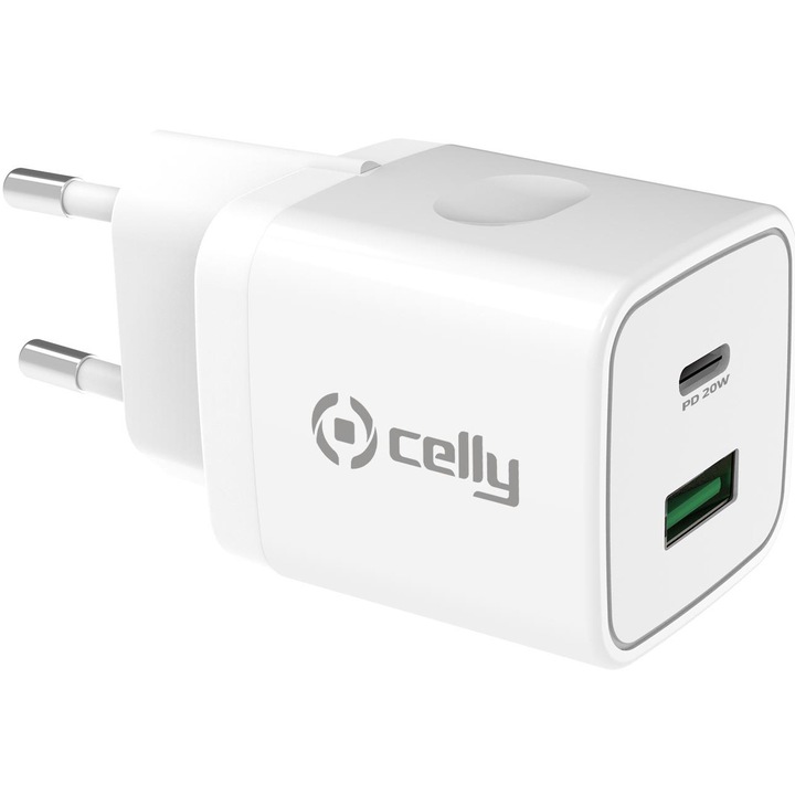 Incarcator retea Celly Qualcomm 3.0 SmartCharge, 1USB-A 1USB-C, 20W, Alb