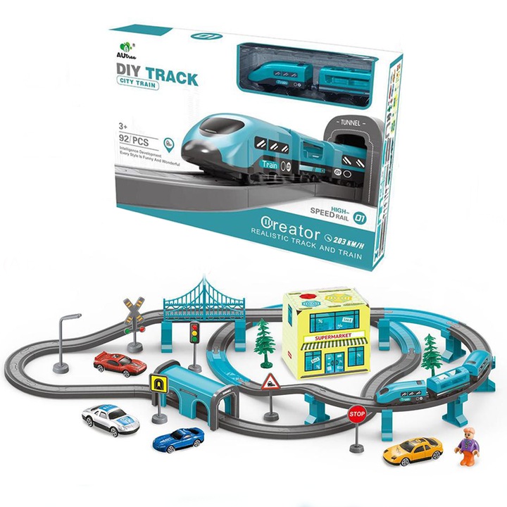Circuit tren electric City cu accesorii, 92 piese, DIY, TR1007 Autree