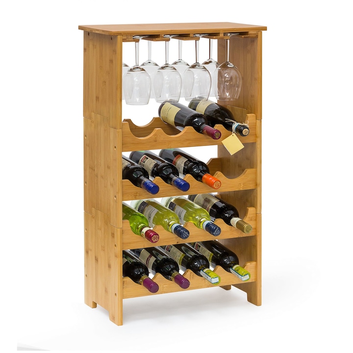 Suport sticle de vin si pentru pahare, RelaxDays, din bambus, suport pentru 16 sticle si 12 pahare, 84 x 50 x 24 cm