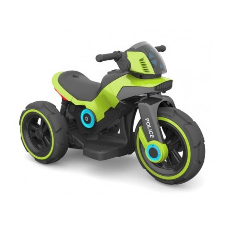 Motocicleta eléctrica pentru copii, doua motoare, acumulator 12V, cu muzica si lumini, verde