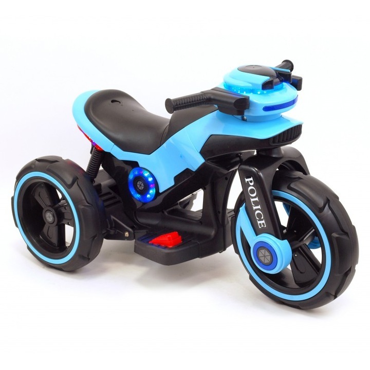 Motocicleta eléctrica pentru copii, doua motoare, acumulator 12V, cu muzica si lumini, bleu