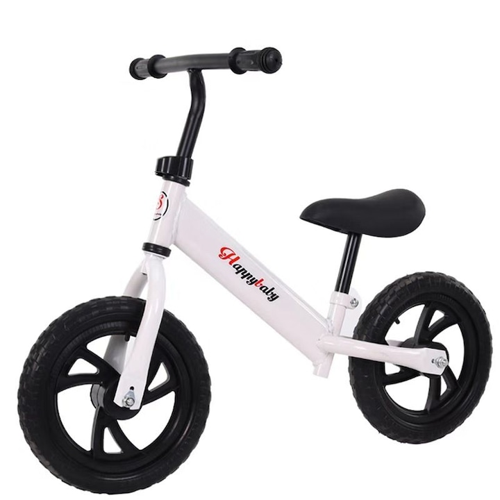 Bicicleta de Echilibru, Fara Pedale, pentru Invatare Copii, Balancing Bike, Reglabila pe Inaltime, Alba cu Roti Negre, Metalica, RoyalToys™