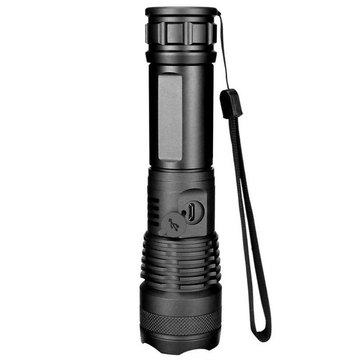 XHP50 LED фенер, алуминий, регулируем фокус, водоустойчивост, USB зареждане, батериите не са включени, 2000 лумена, обхват 300 м, черен
