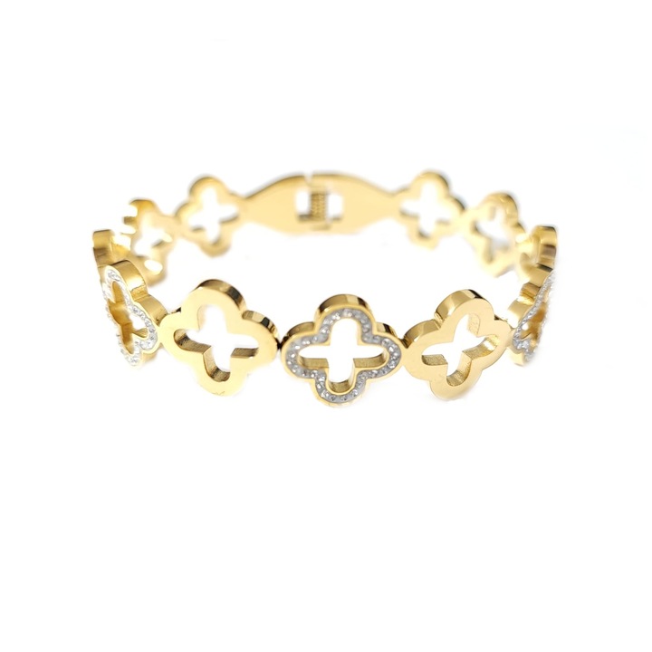 Bratara de dama tip Bangle fixa, pietre zirconiu, aurie, model cruciulita