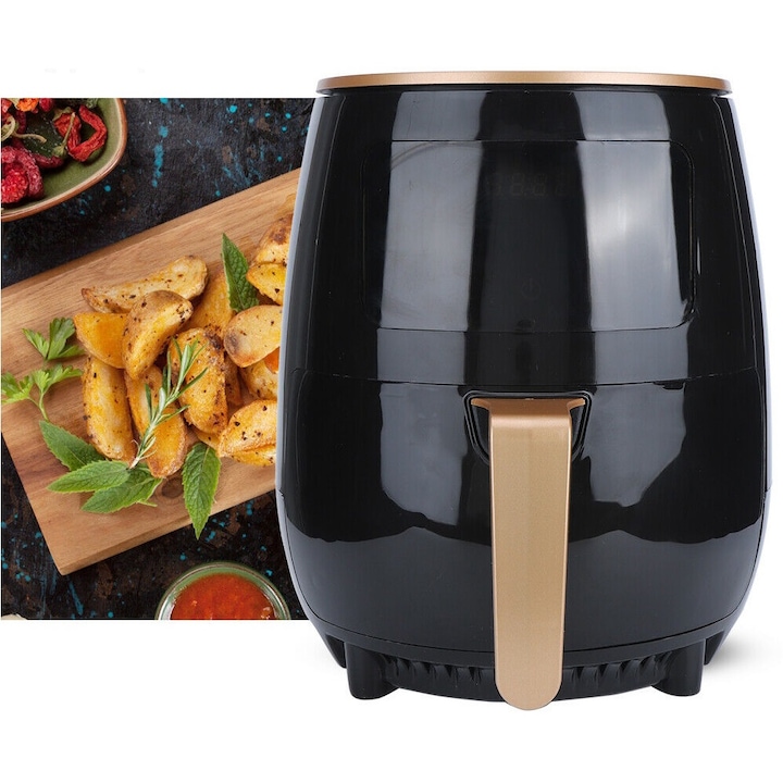 Hot Air Fryer, S-18 Air Fryer, 2400W, LCD Touch Control, 6L kapacitás és digitális kijelző, fekete arannyal