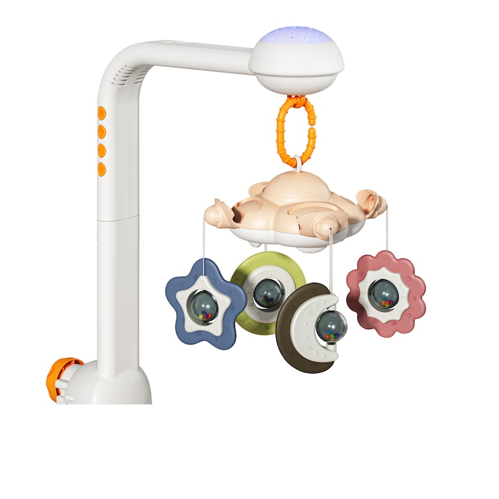 Интерактивна въртележка за бебета, Tumama®, Мелодии и светлинни прожекции, Bluetooth телефонна връзка, възраст +0 месеца, Бяло/Бежово