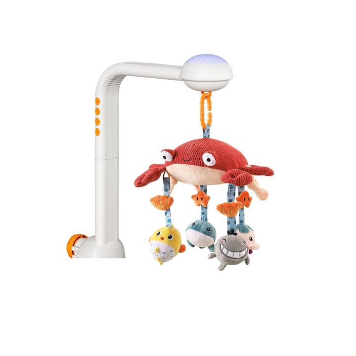 Интерактивна въртележка за бебета, "Magic Crab", Tumama®, Мелодии и светлинни прожекции, Bluetooth телефонна връзка, възраст +0 месеца, бяло/червено