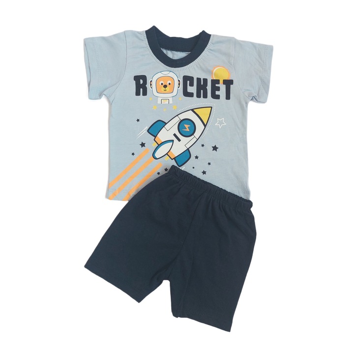 Set 2 piese, tricou Rocket si pantaloni scurti, Minimika Baby, Albastru deschis