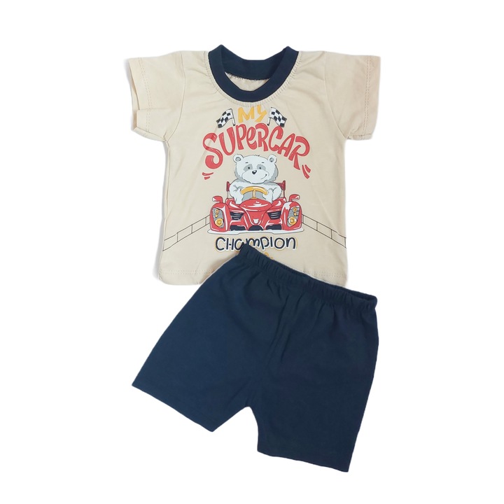 Set 2 piese, tricou Supercar si pantaloni scurti, Bumbac, Minimika Baby, Crem/Bleumarin